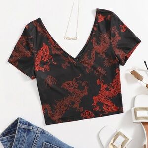 SHEIN Chinese Dragon Print Double V-neck Tee